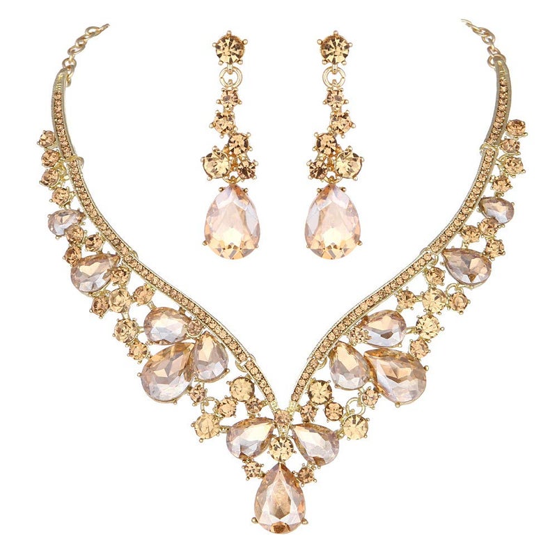 Molie Rhinestone Crystal V-shaped Bridal Wedding Necklace Earrings Jewelry Set for Brides Gown(Clear) - Image 1
